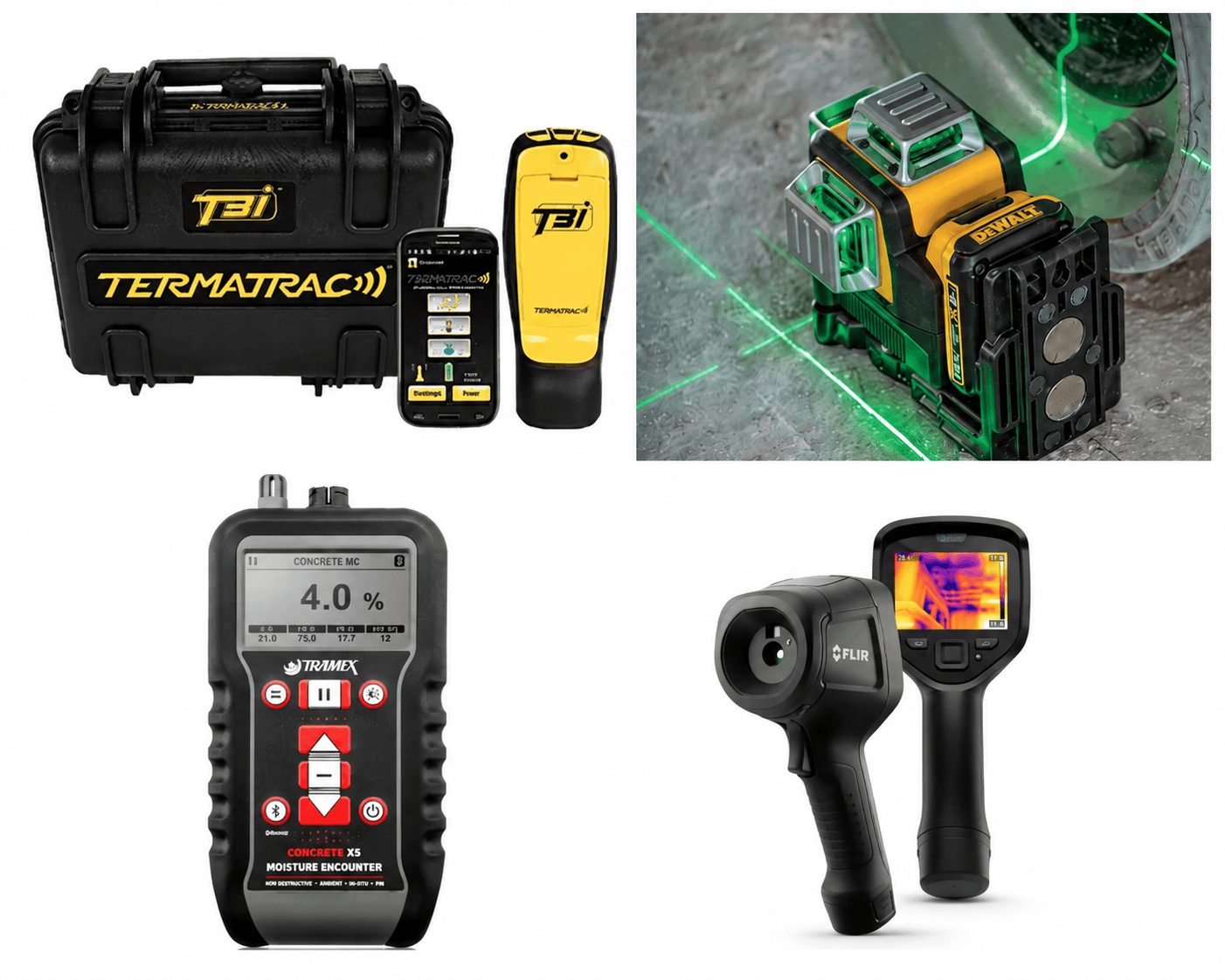 Termatrac T3i termite detector, DeWALT laser level, Tramex moisture meter and FLIR E5 thermal camera used during inspections