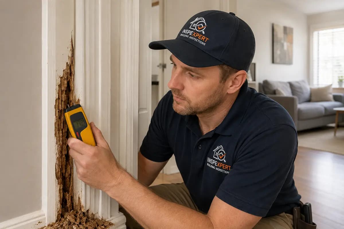 Inspector checking damaged timber with a handheld moisture meter