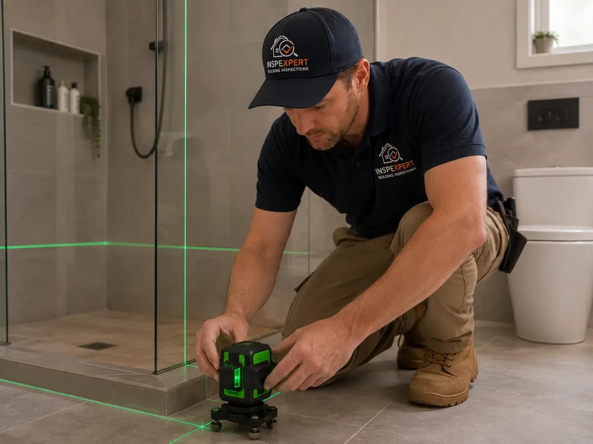 Inspector using a laser level in a tiled shower area